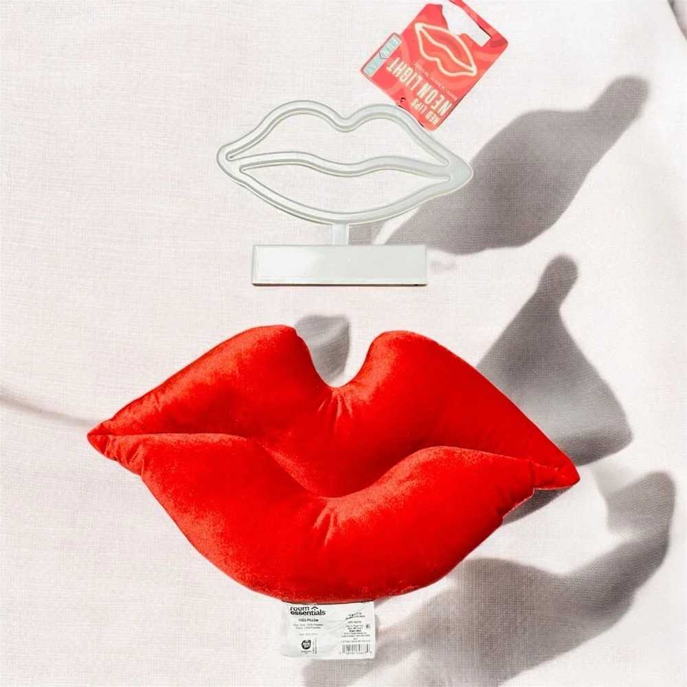 Room Essentials Lip Forever Velvet Throw Pillow in Berry Red & Neon Lip NEW